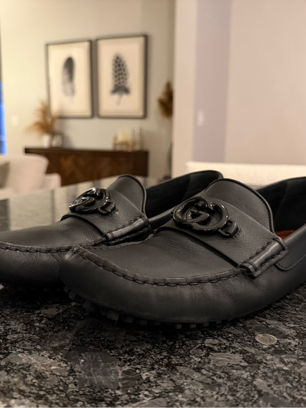Gucci Black Leather Men's Driving Loafers with Interlocking G